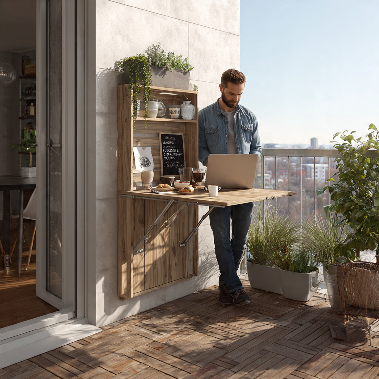 realistic balcony scene with a foldable wall mount