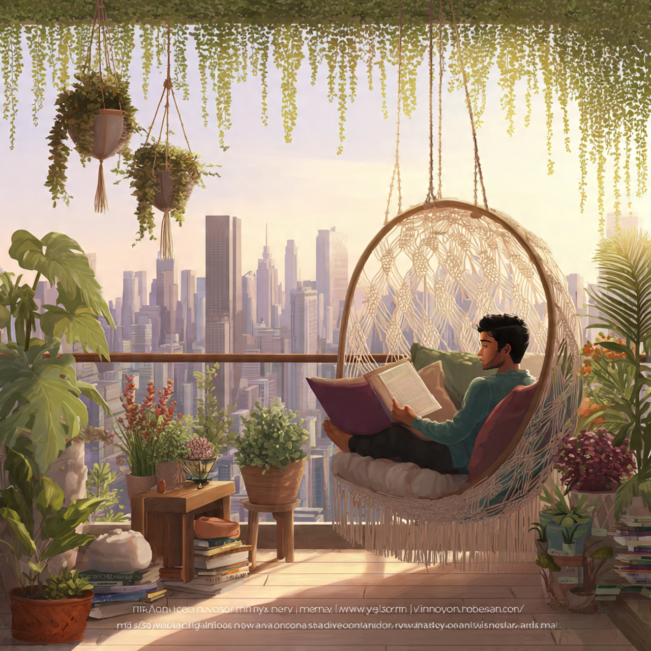 realistic balcony scene with a hanging macrame cha