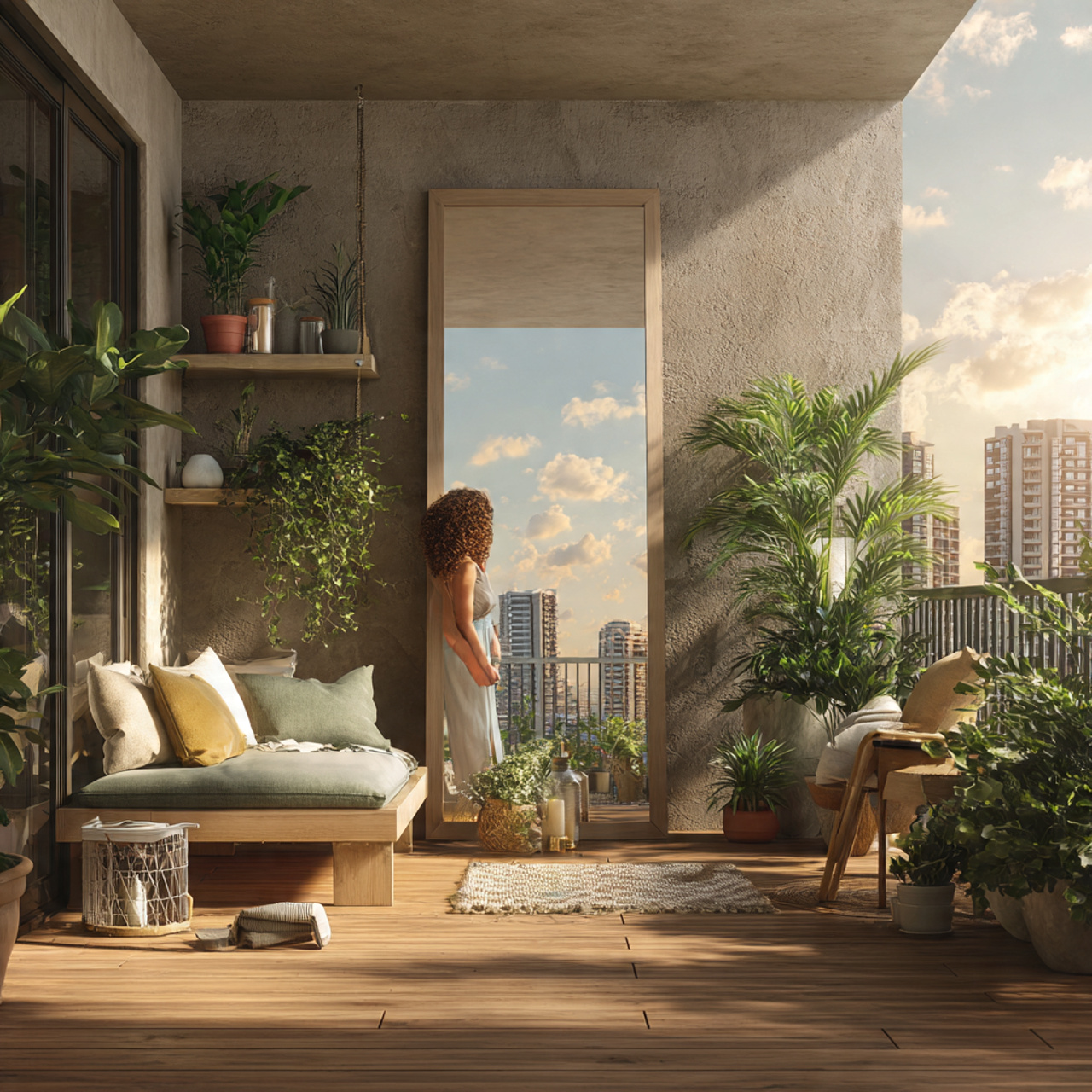 realistic balcony scene with an oversized decorati