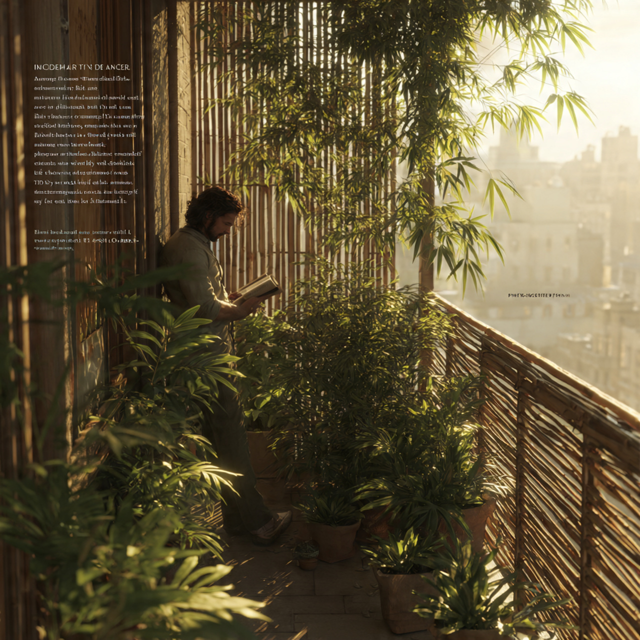 realistic balcony scene with tall bamboo privacy s