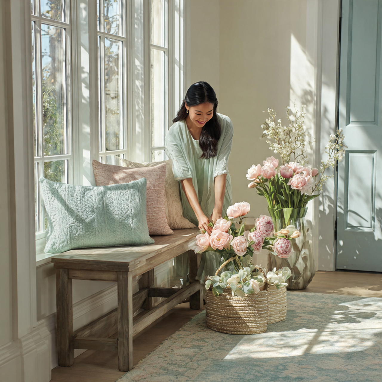 realistic entryway featuring a wooden bench with p