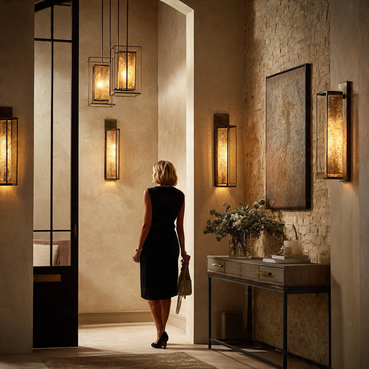 realistic entryway illuminated by antique brass wa