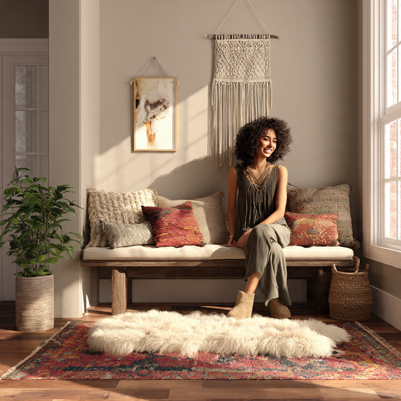 realistic entryway showcasing a bohemian style ben