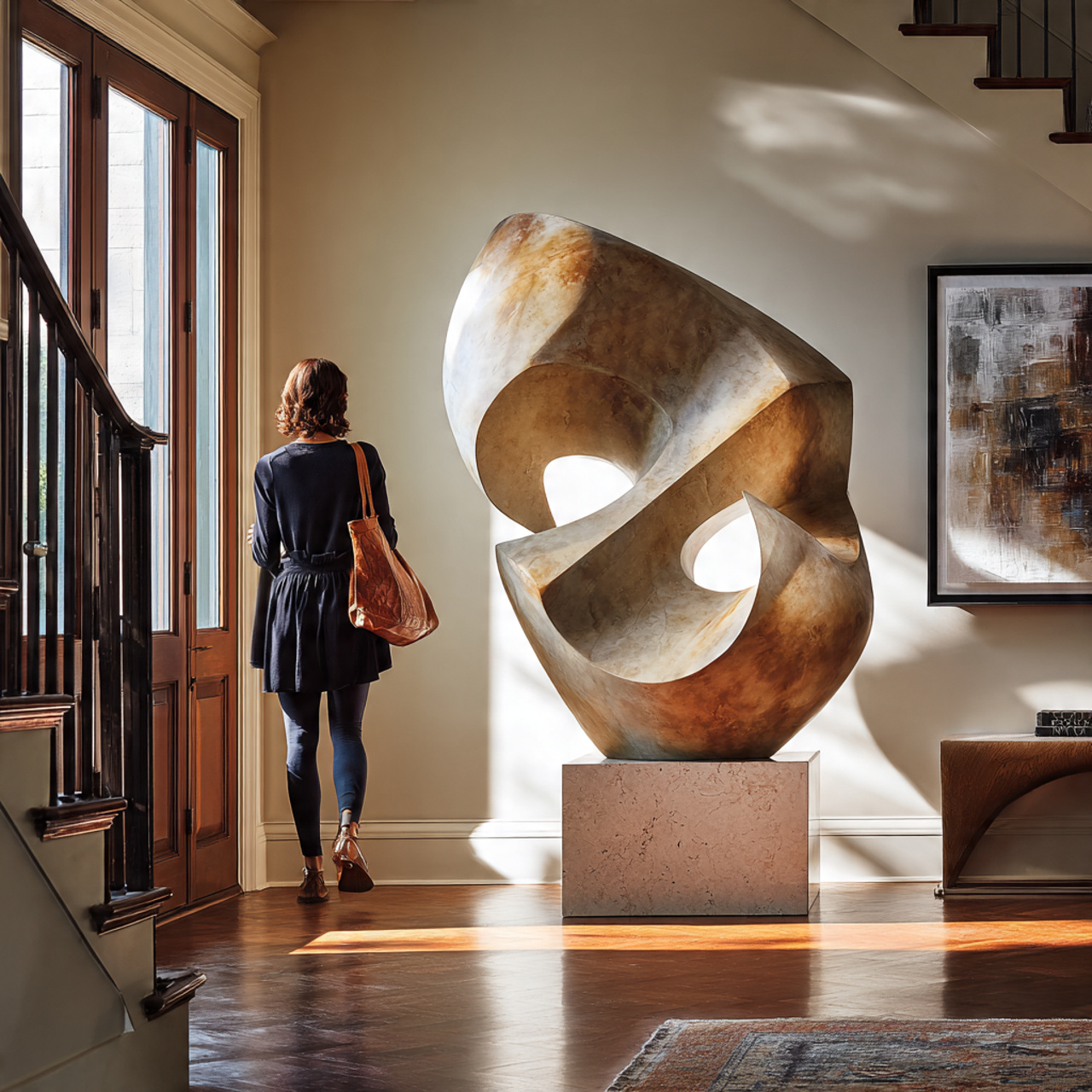 realistic entryway with a bold abstract sculpture