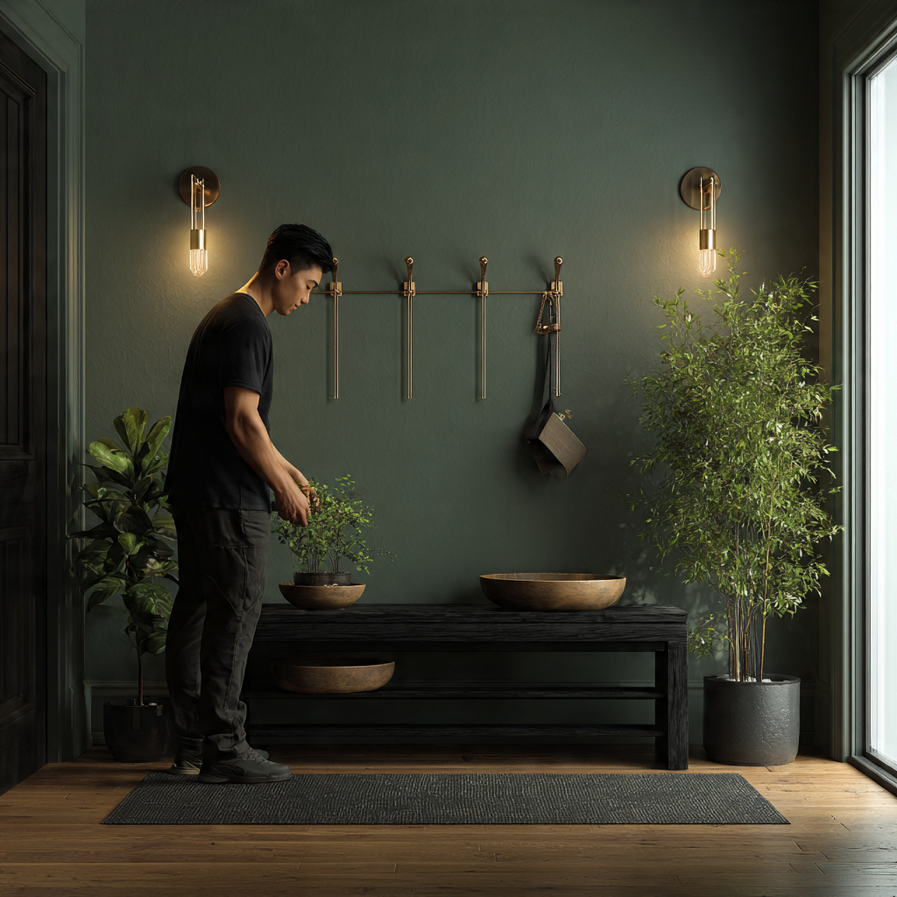 realistic entryway with a dark wood or black bench