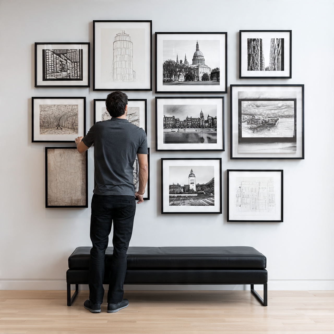 realistic entryway with a simple black bench again