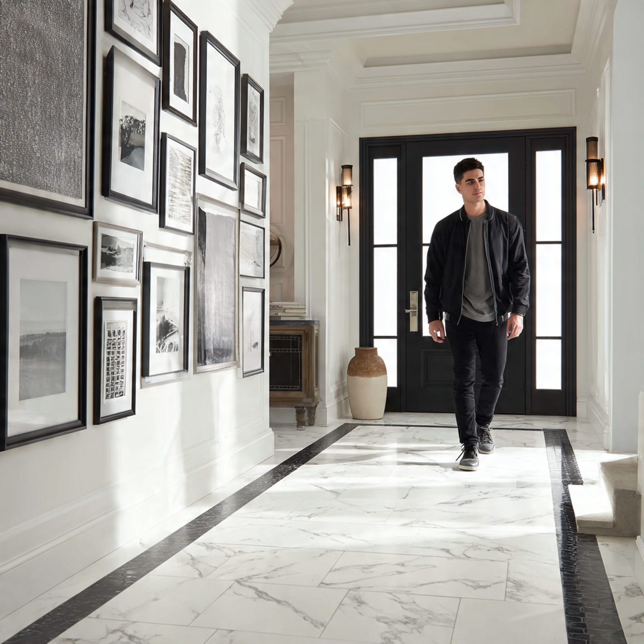 realistic entryway with a striking black and white