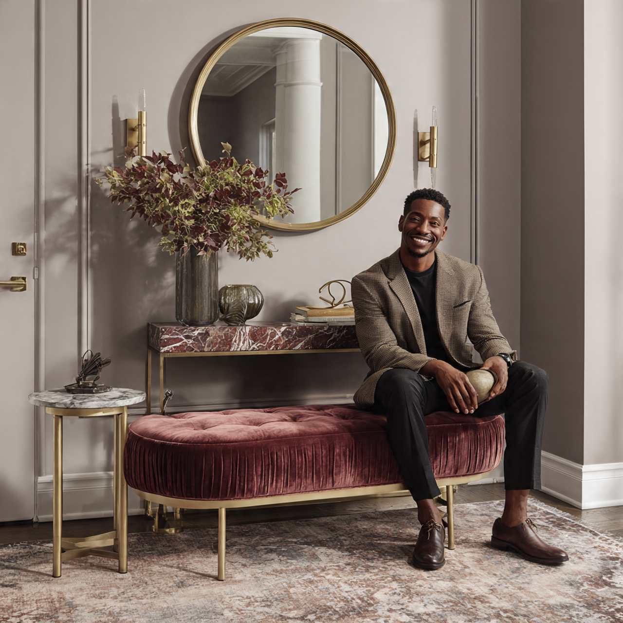 realistic entryway with a velvet upholstered jewel