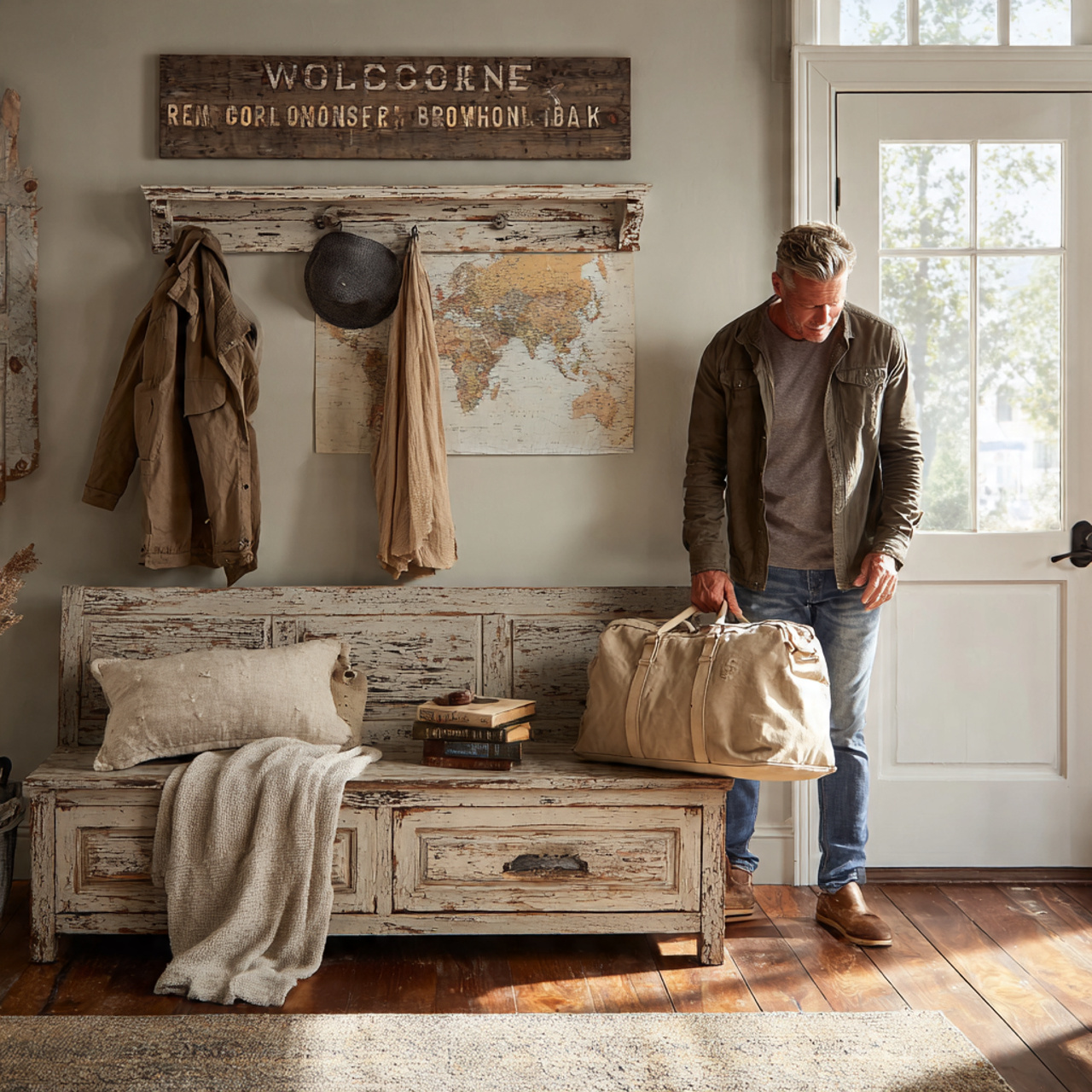 realistic entryway with a vintage distressed woode