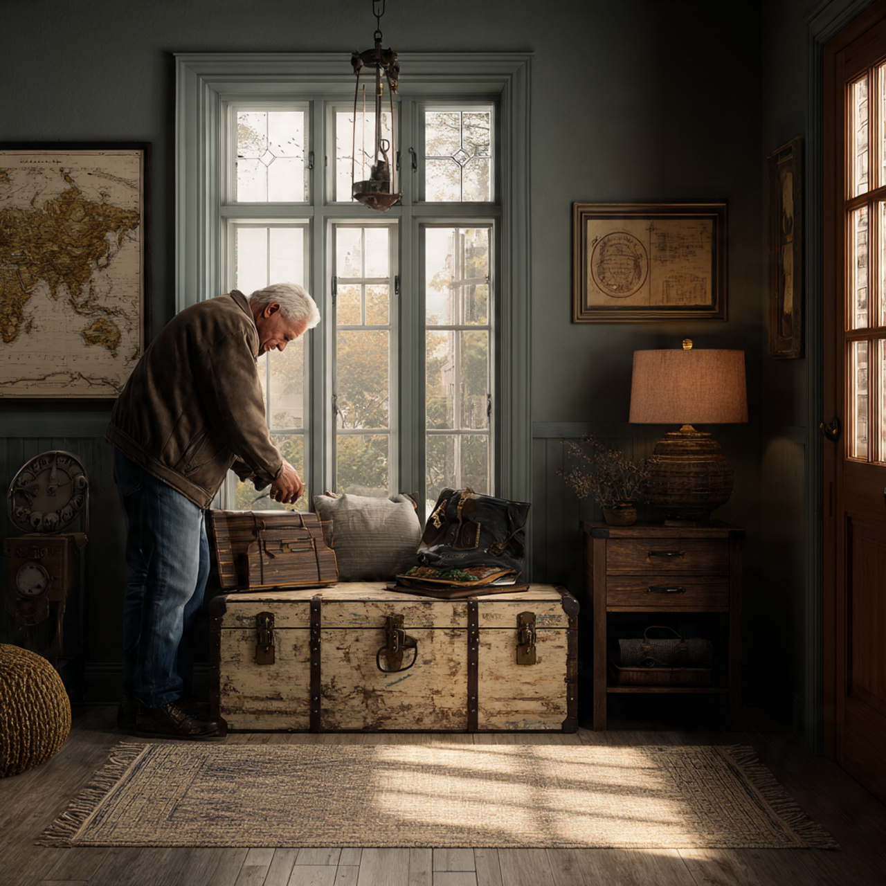 realistic entryway with a vintage trunk used as a