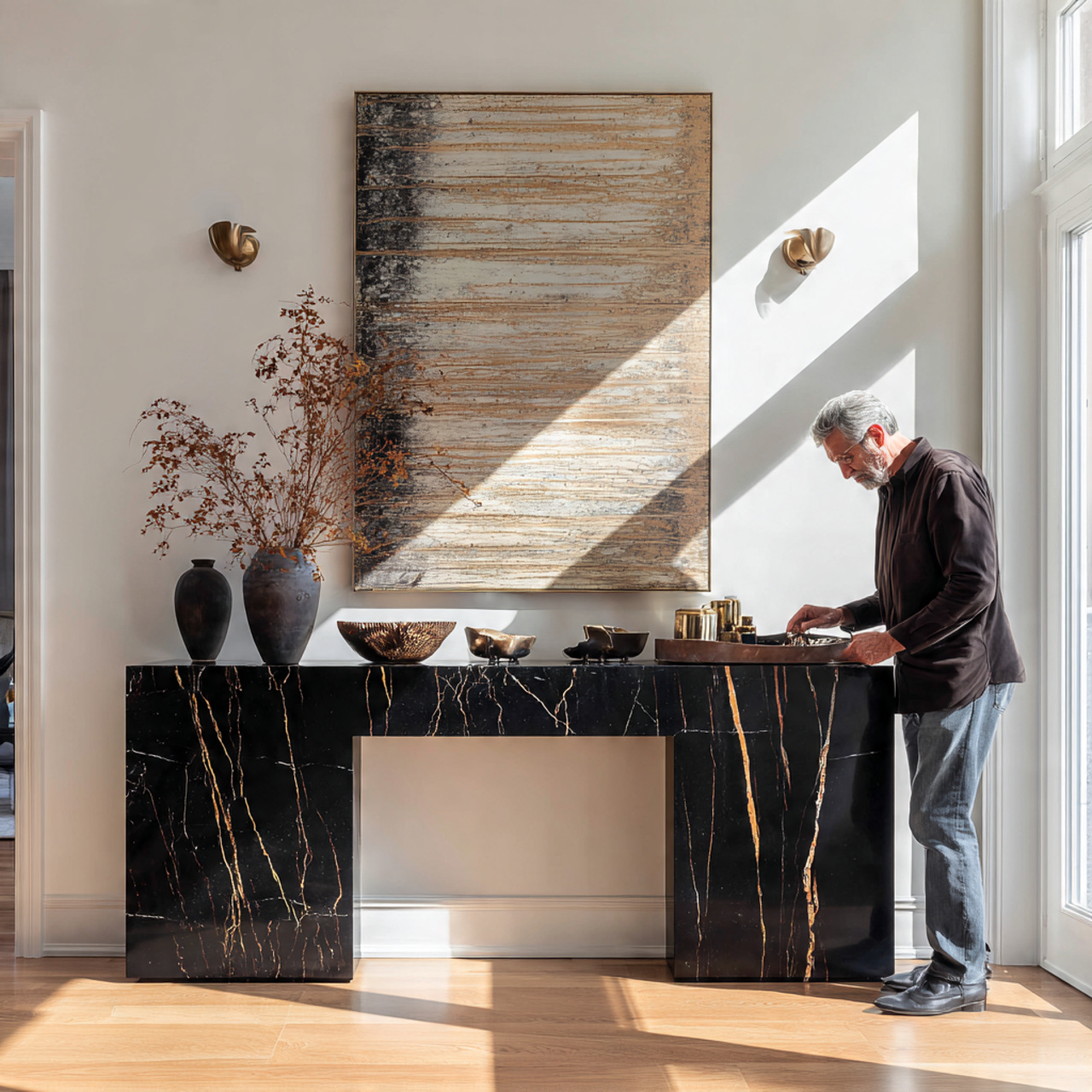 realistic entryway with black marble tabletop on a