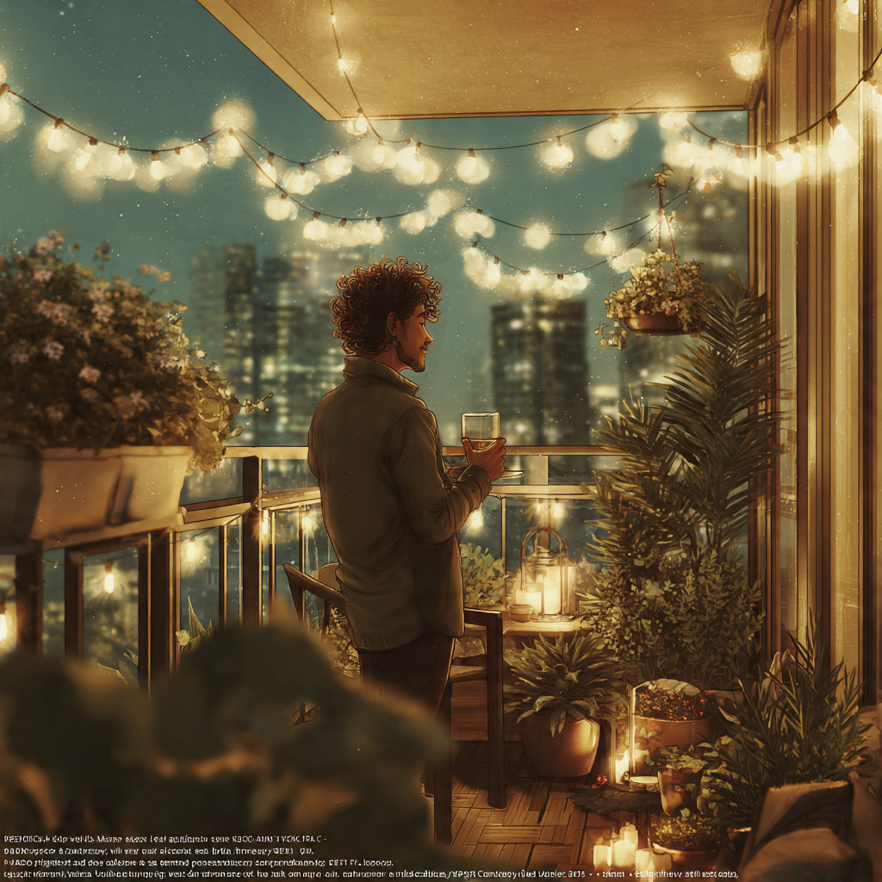 realistic evening balcony scene with string lights