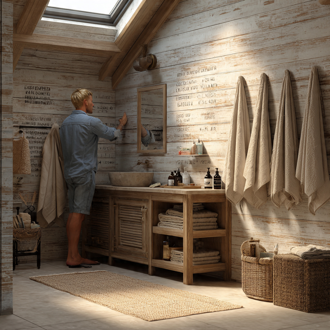realistic image of rustic bathroom decor with dist