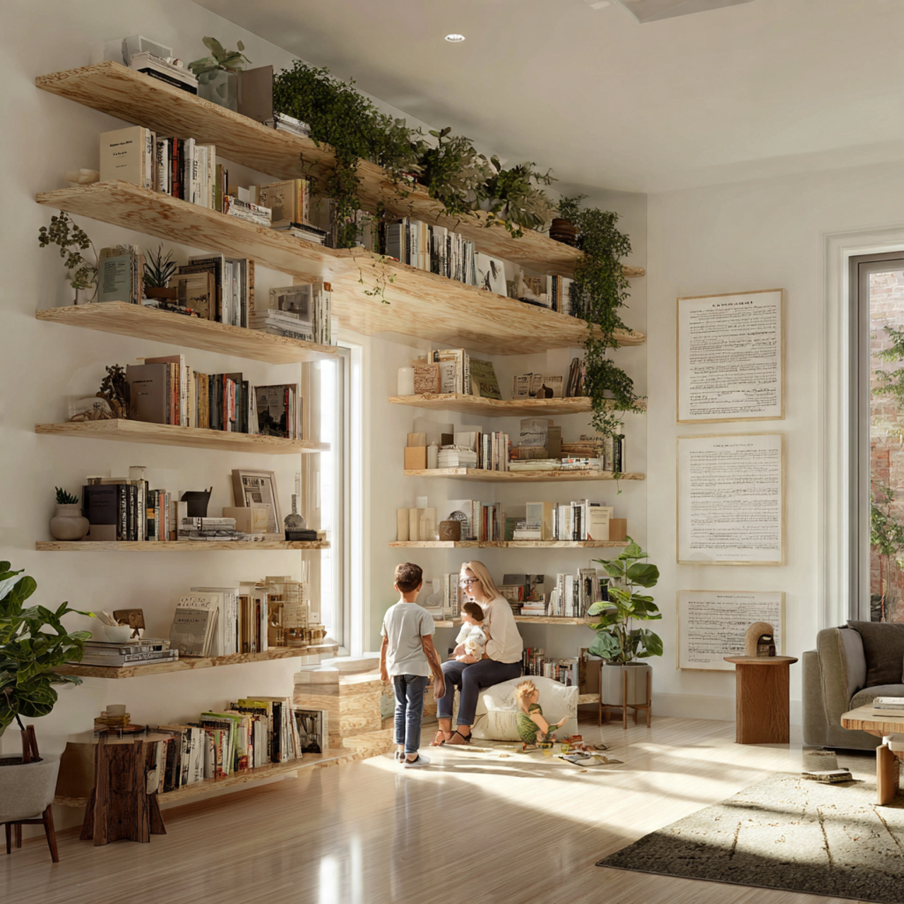 realistic living room corner with wrap around floa