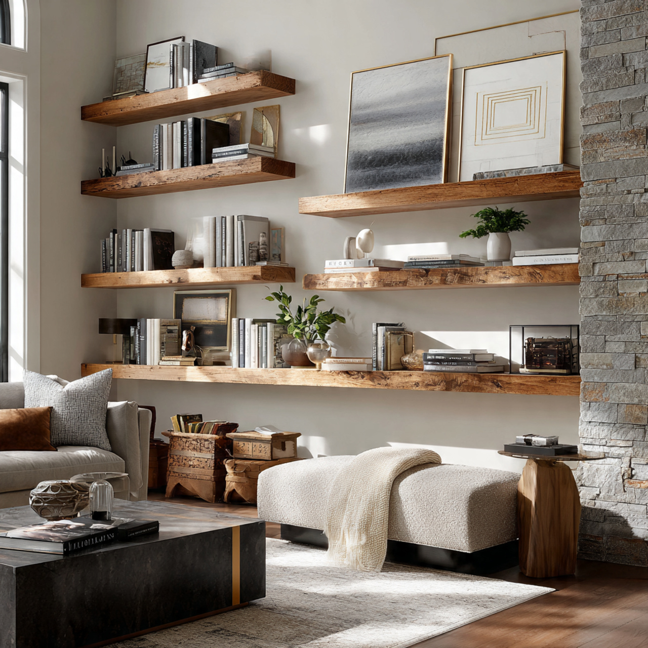 realistic living room featuring shelves combining