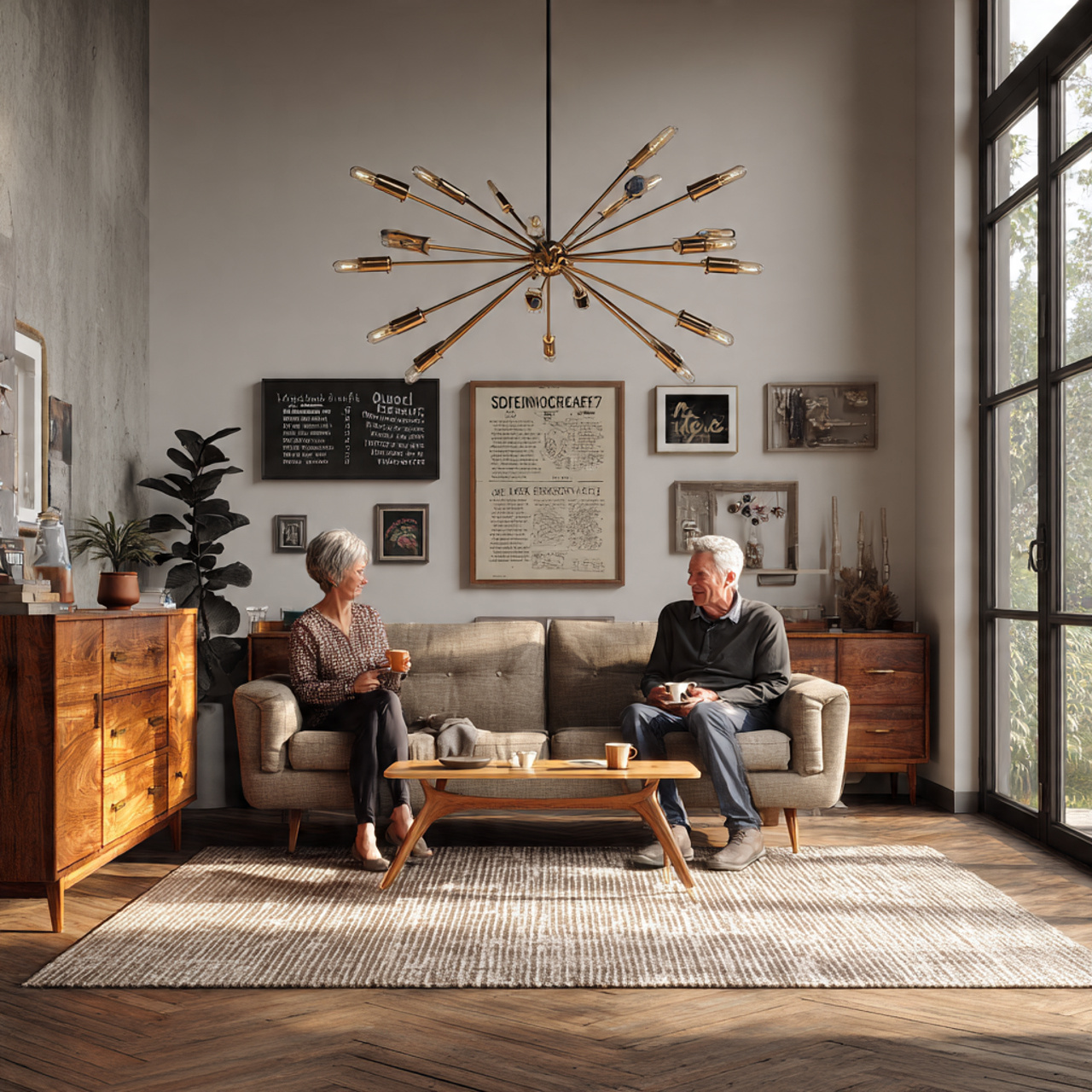 realistic living room with a mid century modern sp