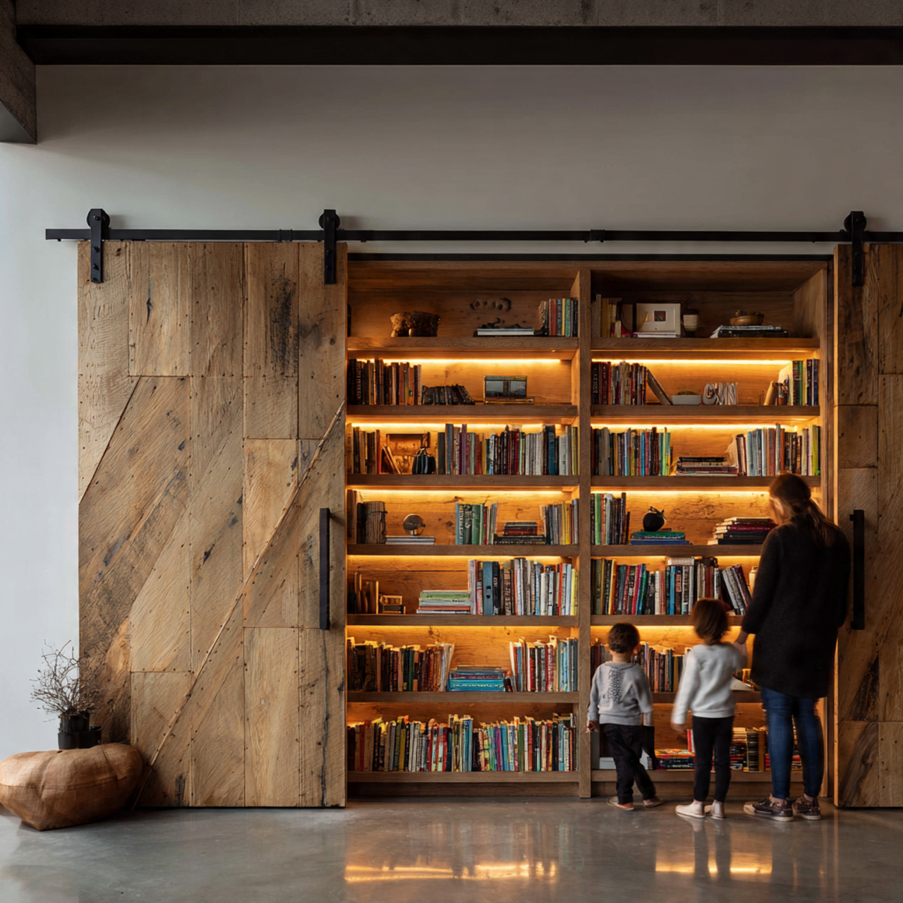 realistic living room with large wooden sliding ba
