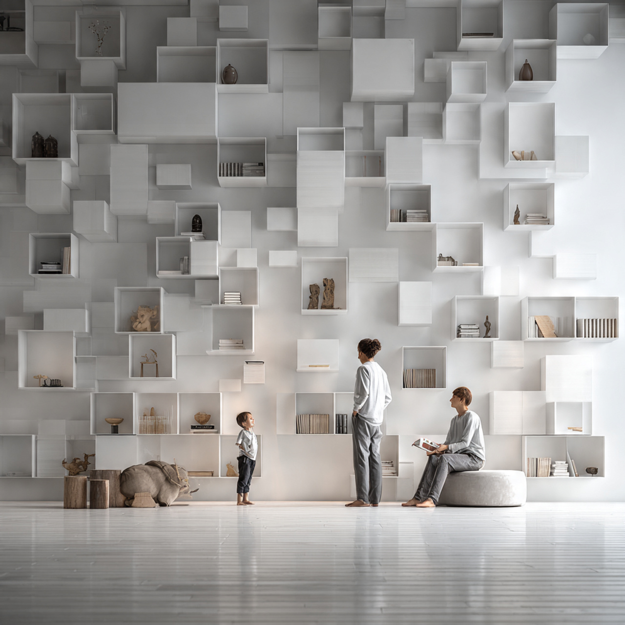 realistic living room with monochromatic floating