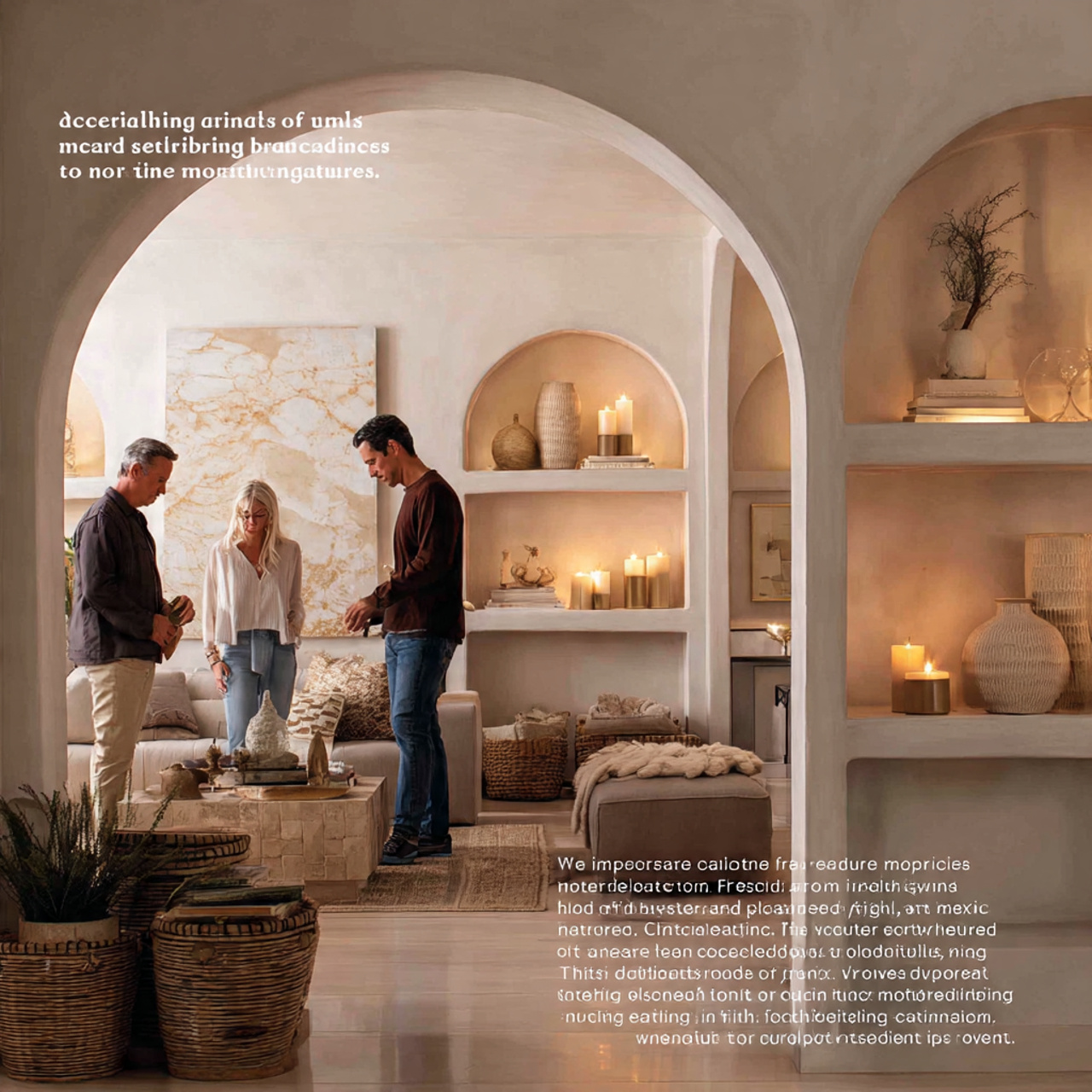 realistic living room with painted arched inset wa