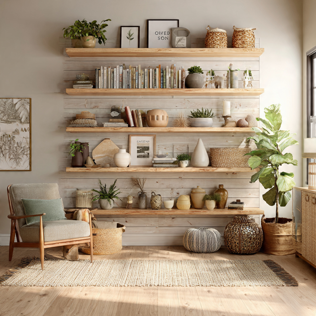 realistic living room with shiplap backed farmhous