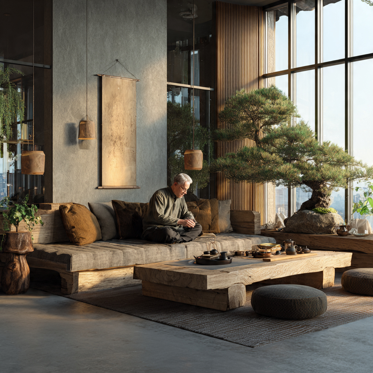 realistic modern apartment living room with japand