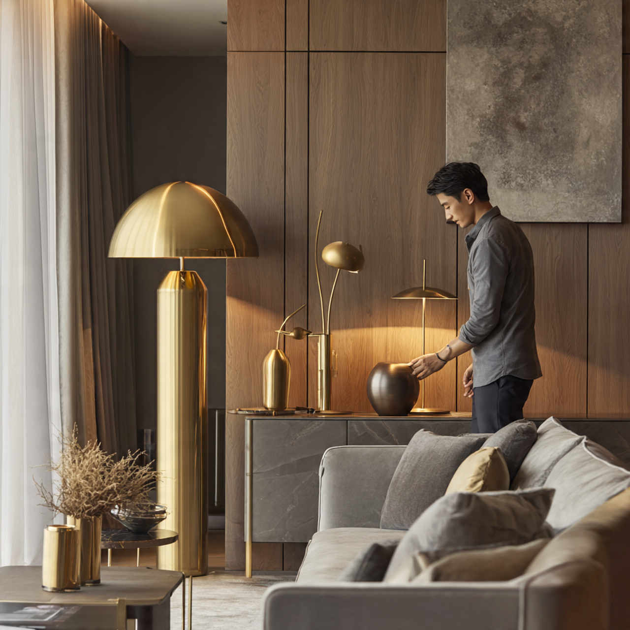 realistic modern apartment living room with warm m