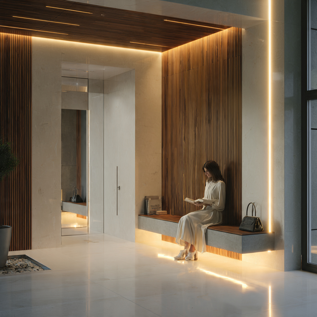 realistic modern entryway with a wall mounted floa