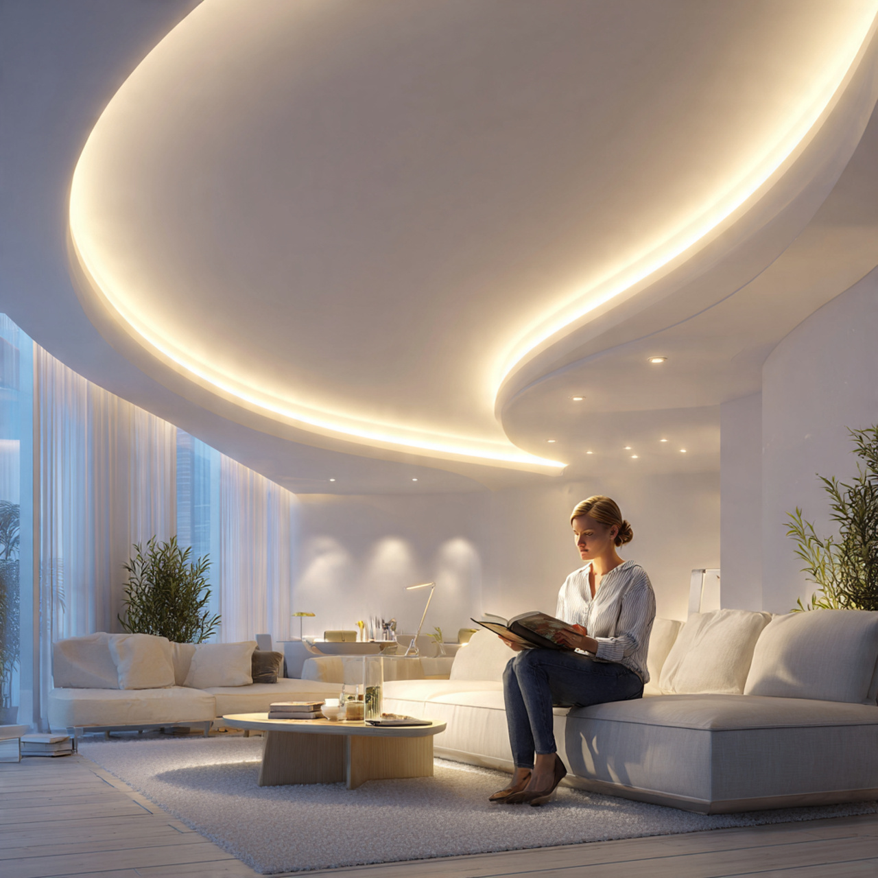 realistic modern living room showing a floating fa