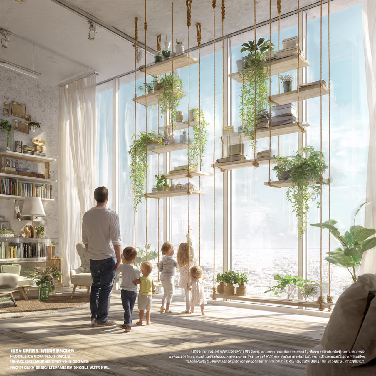 realistic modern living room with ceiling hung swi