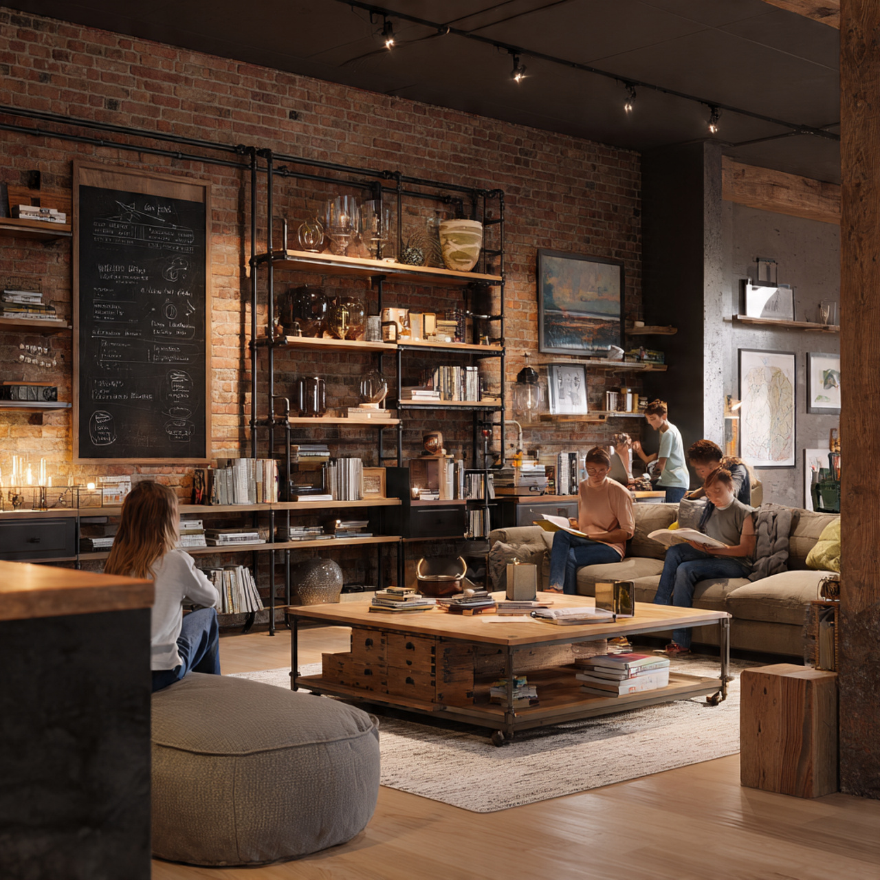 realistic modern living room with industrial pipe