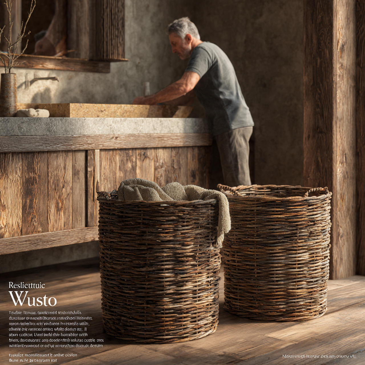 realistic rustic bathroom decor featuring woven wi