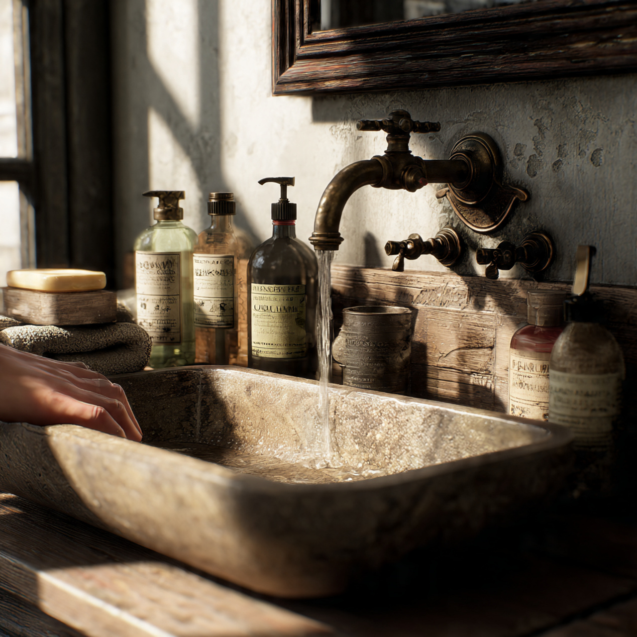 realistic rustic bathroom decor showing hammered b