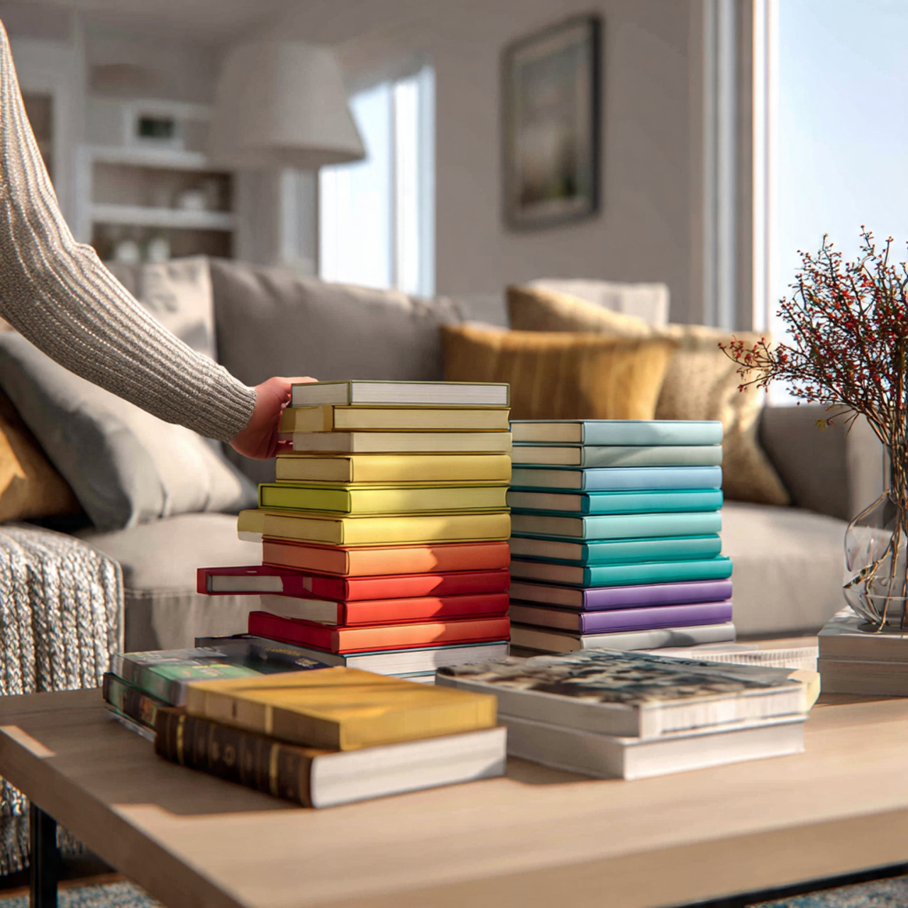 realistic scene of a living room table decorated w