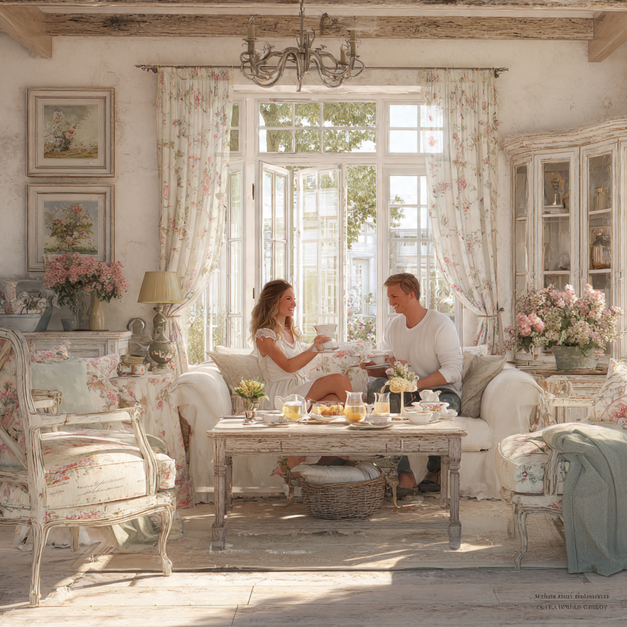 romantic french provincial living room with whitew