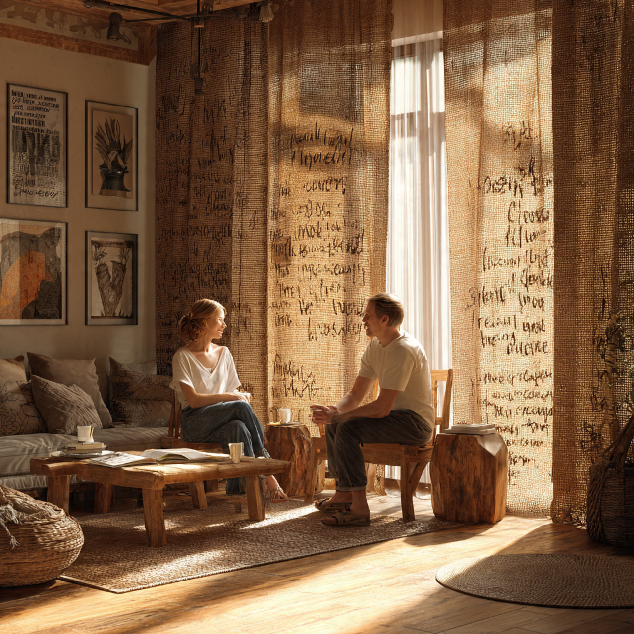 rustic living room with natural jute organic weave