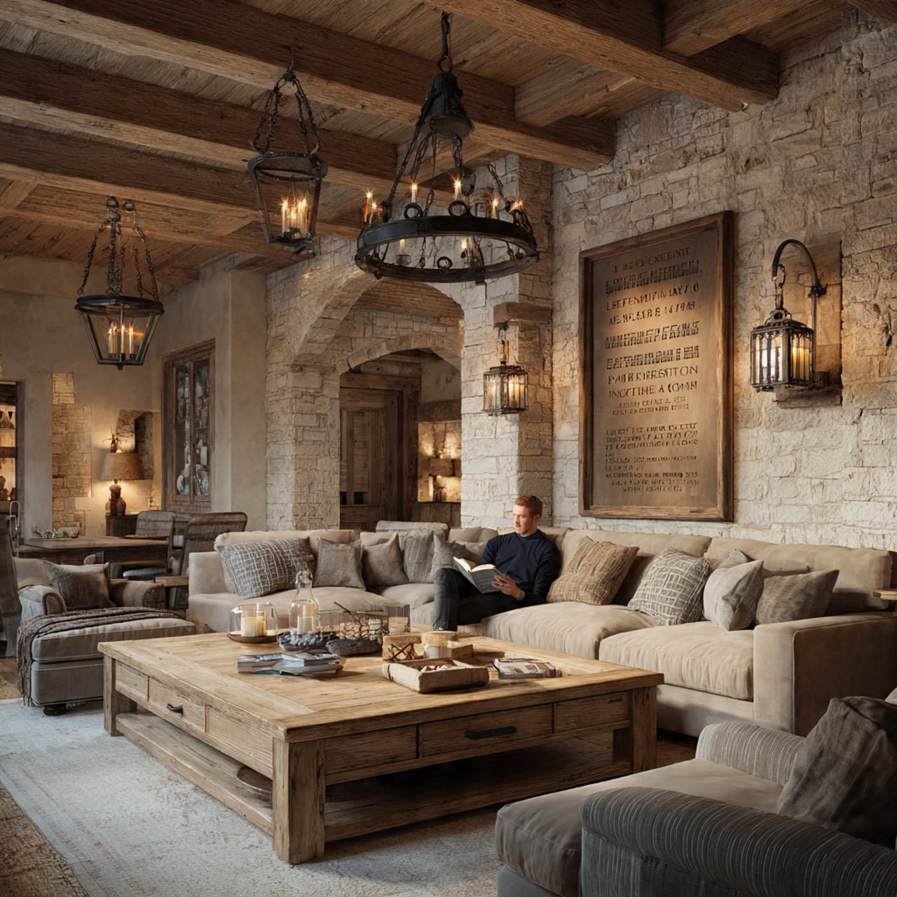 rustic living room with wrought iron chandeliers a