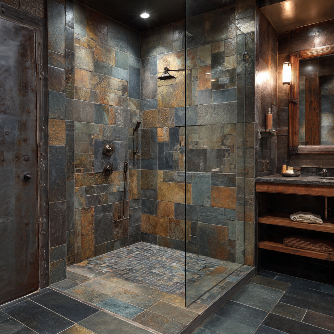 slate tile shower surround for rustic bathroom dec