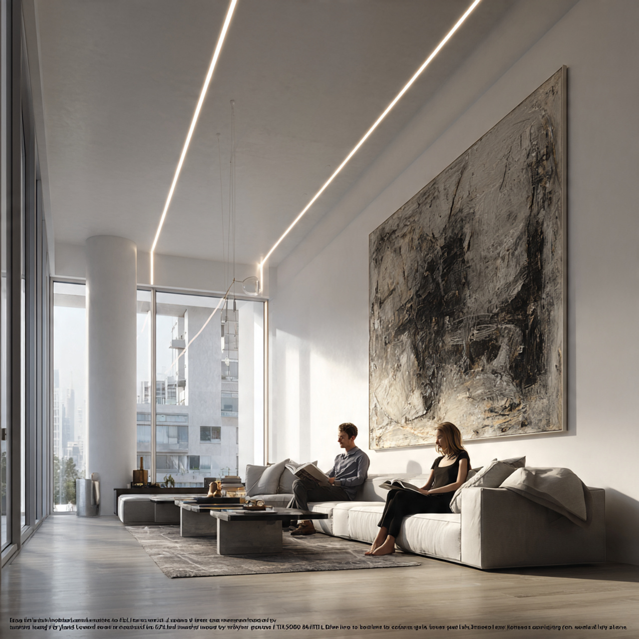 sleek minimalist living room with recessed linear