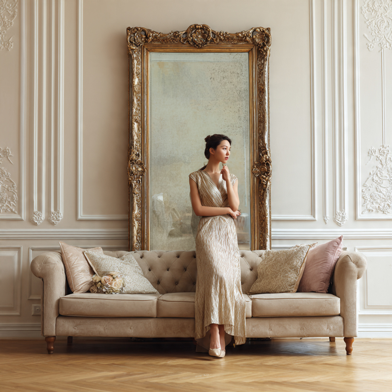 sophisticated living room featuring a large antiqu