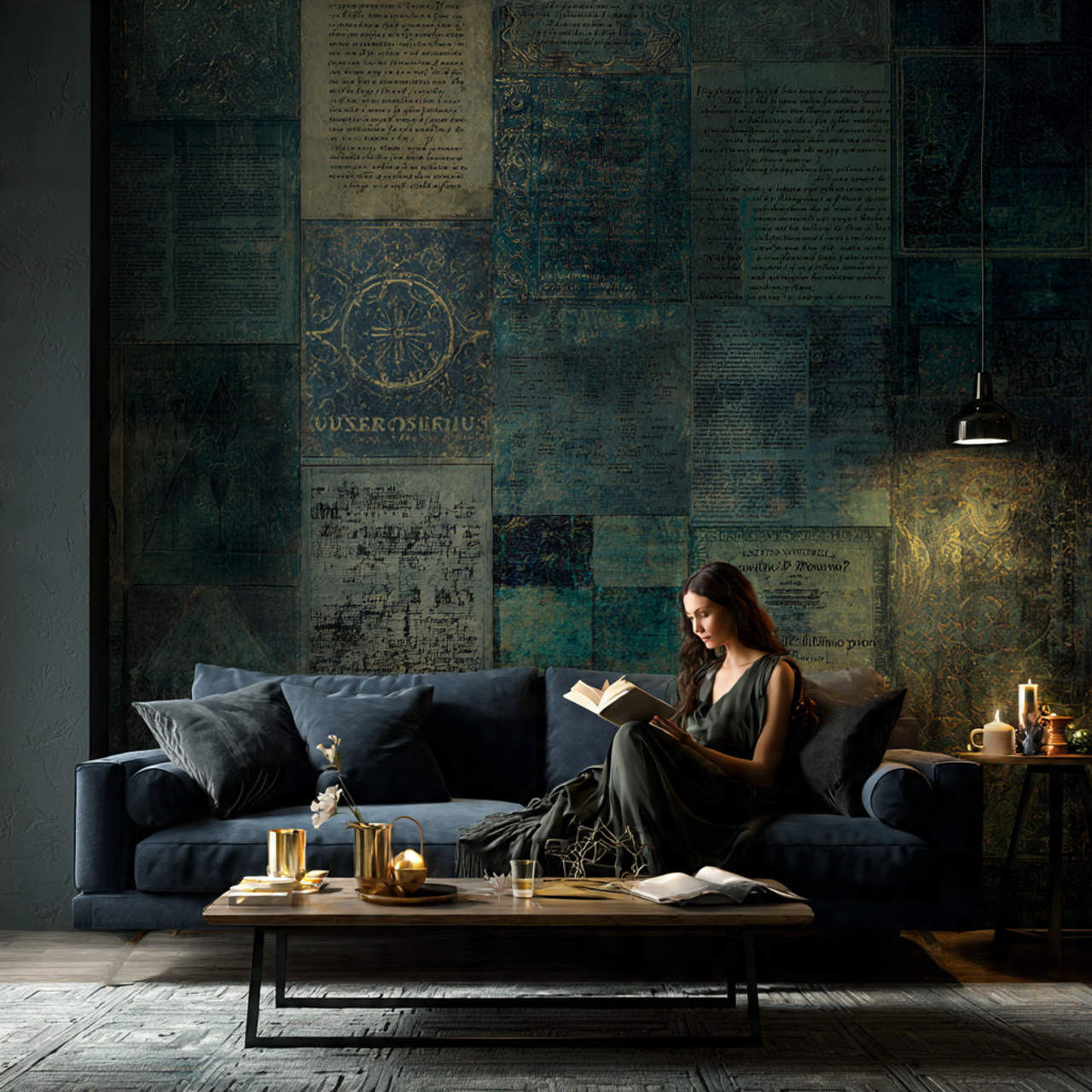 sophisticated living room with a moody dark wallpa