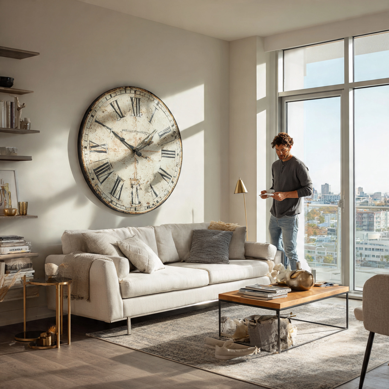 spacious living room featuring an oversized circul