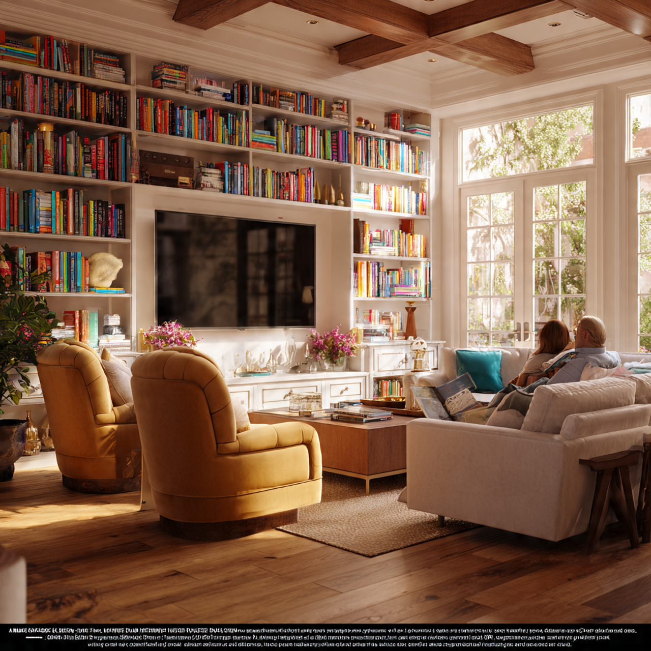 spacious living room featuring built in custom lib