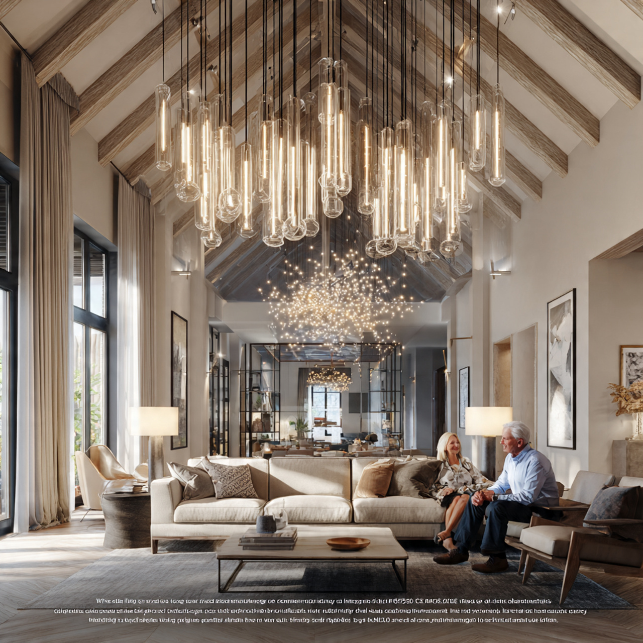 spacious living room with dramatic vaulted ceiling