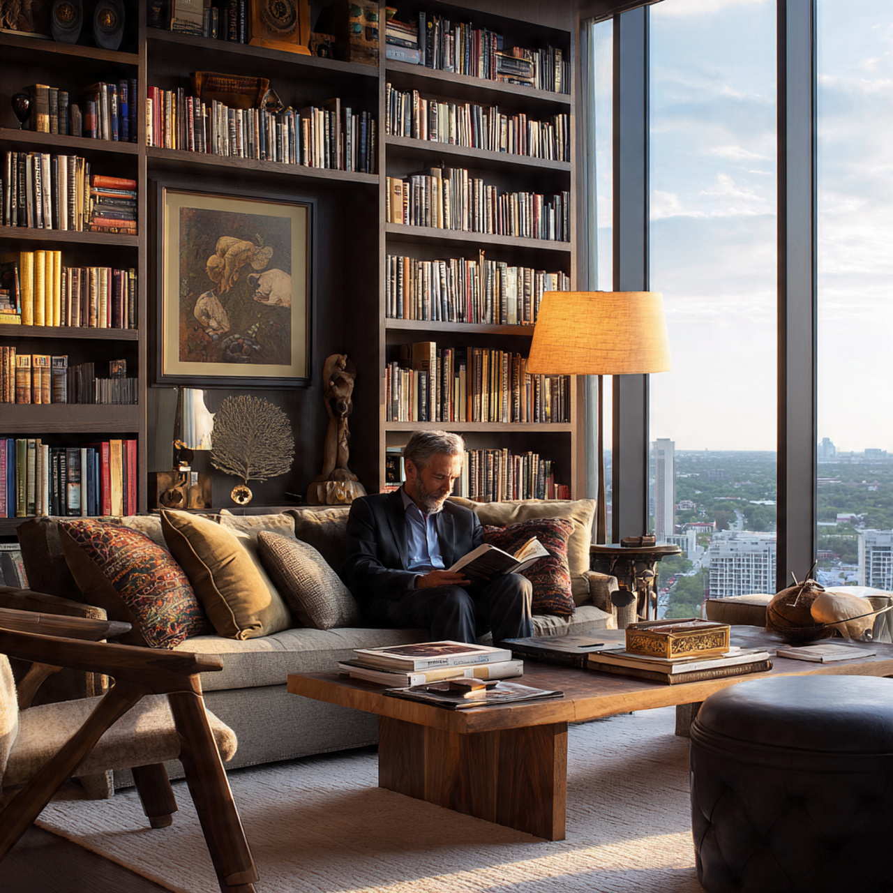 spacious living room with floor to ceiling built i