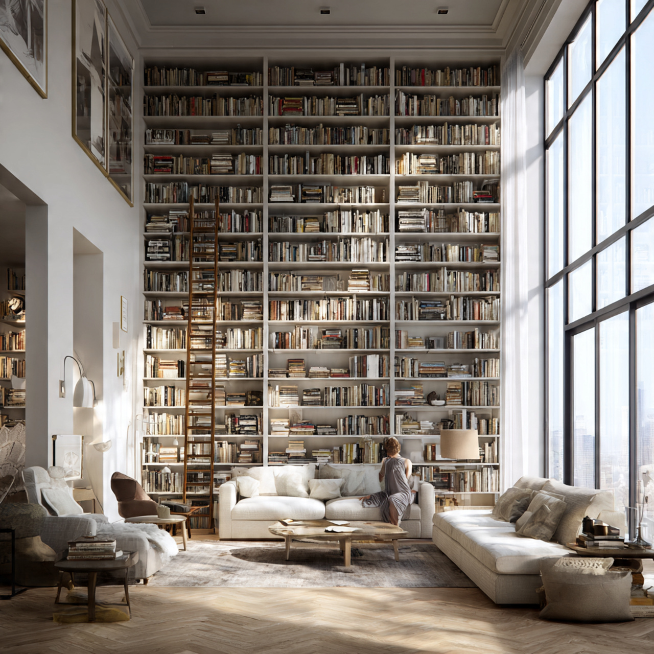 spacious living room with floor to ceiling custom