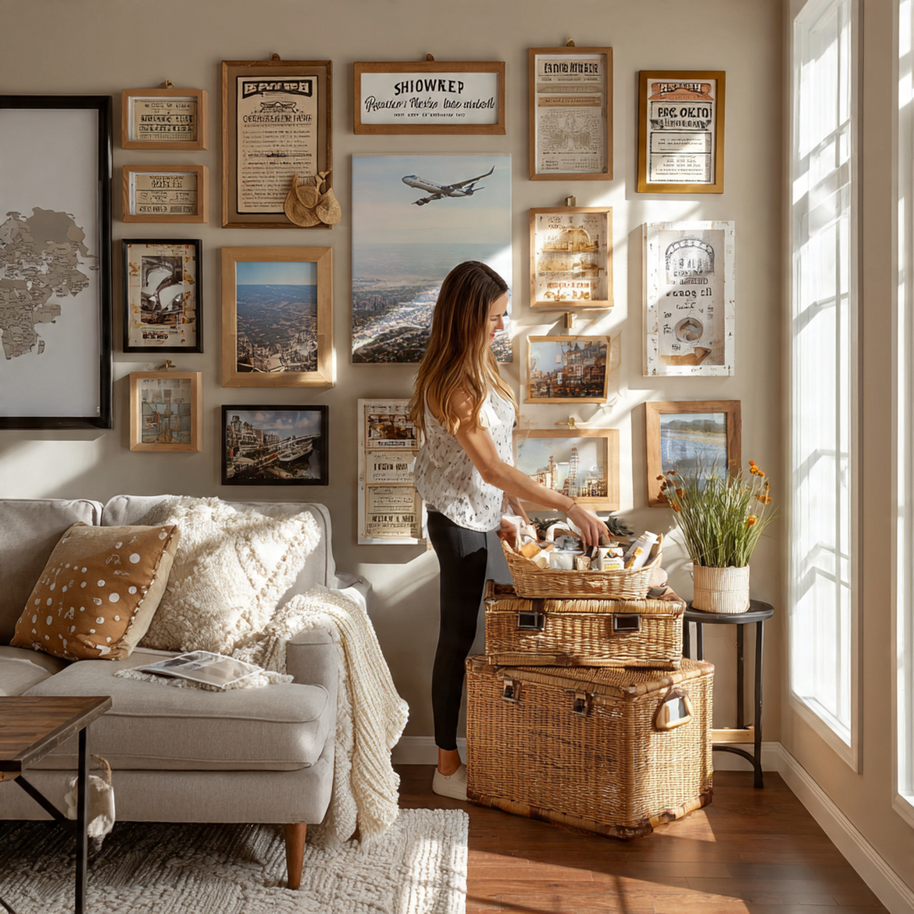 stylish living room featuring shadow boxes with tr 1