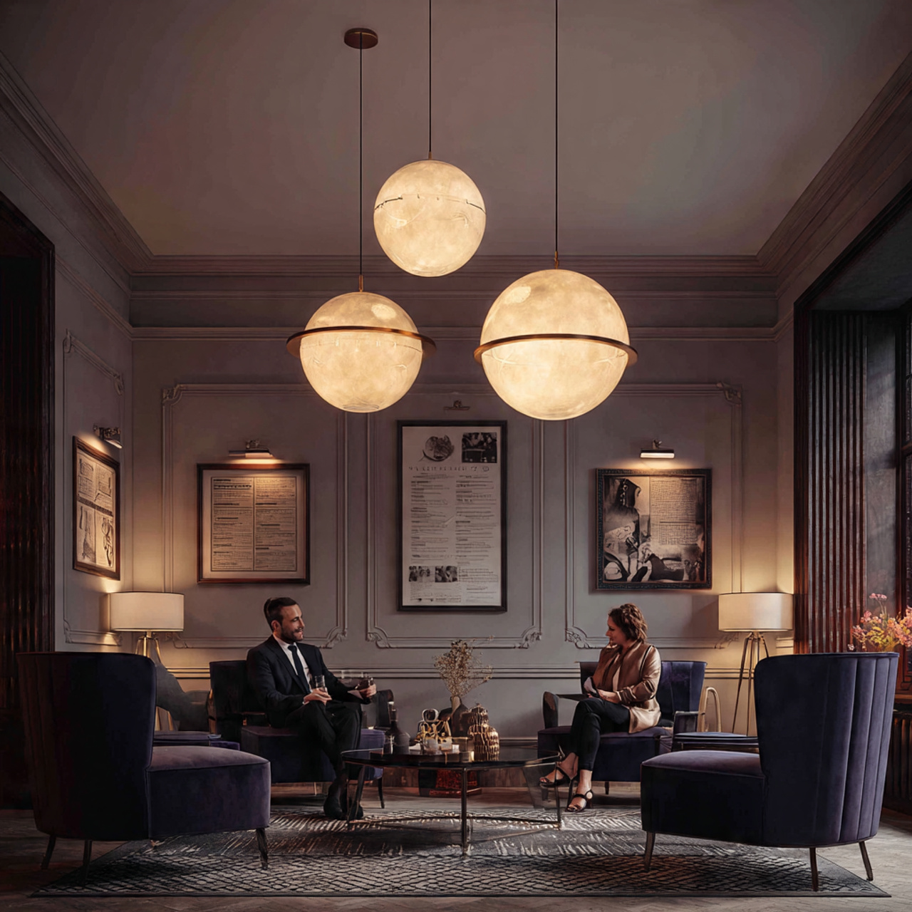 stylish living room with art deco globe pendant li