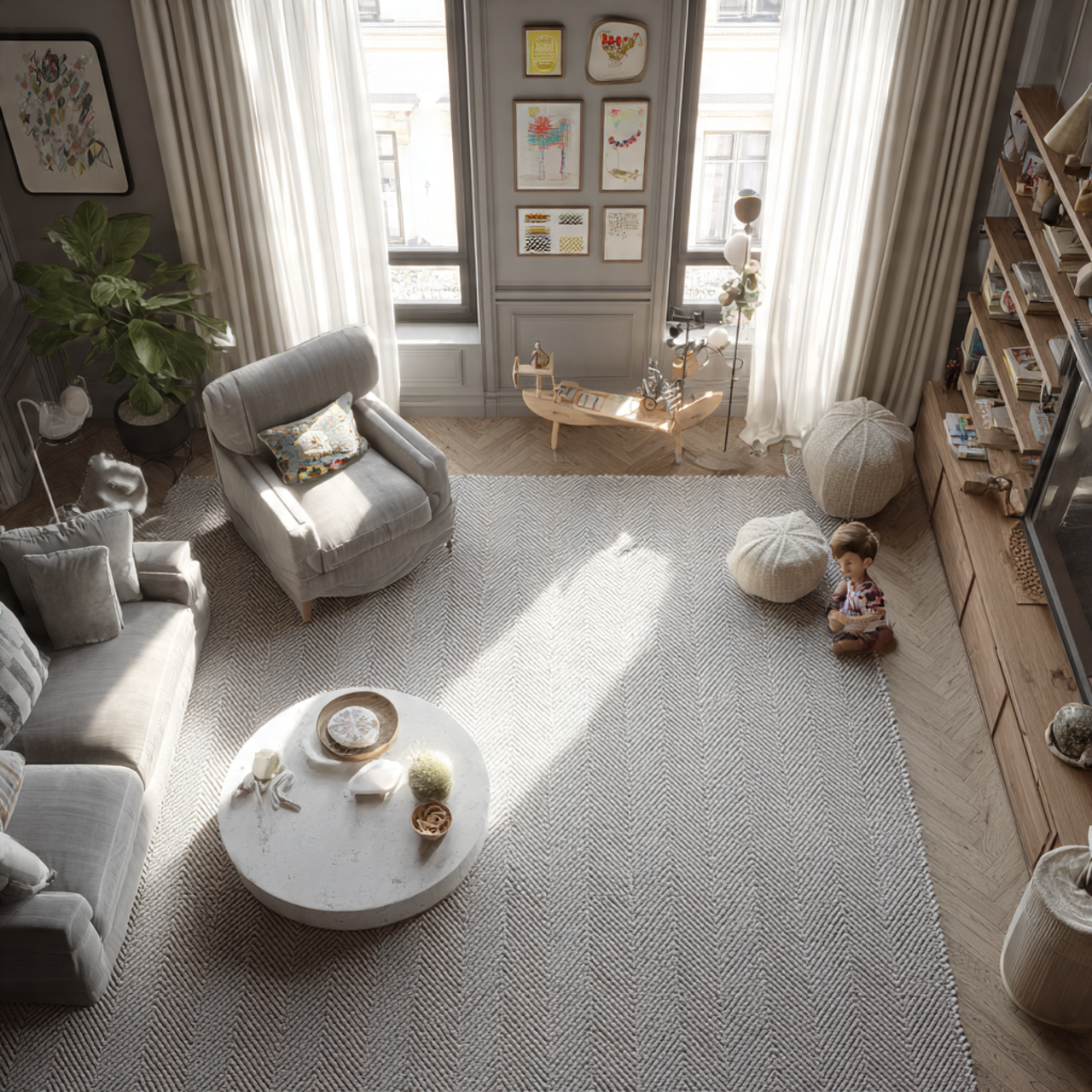 stylish living room with classic herringbone