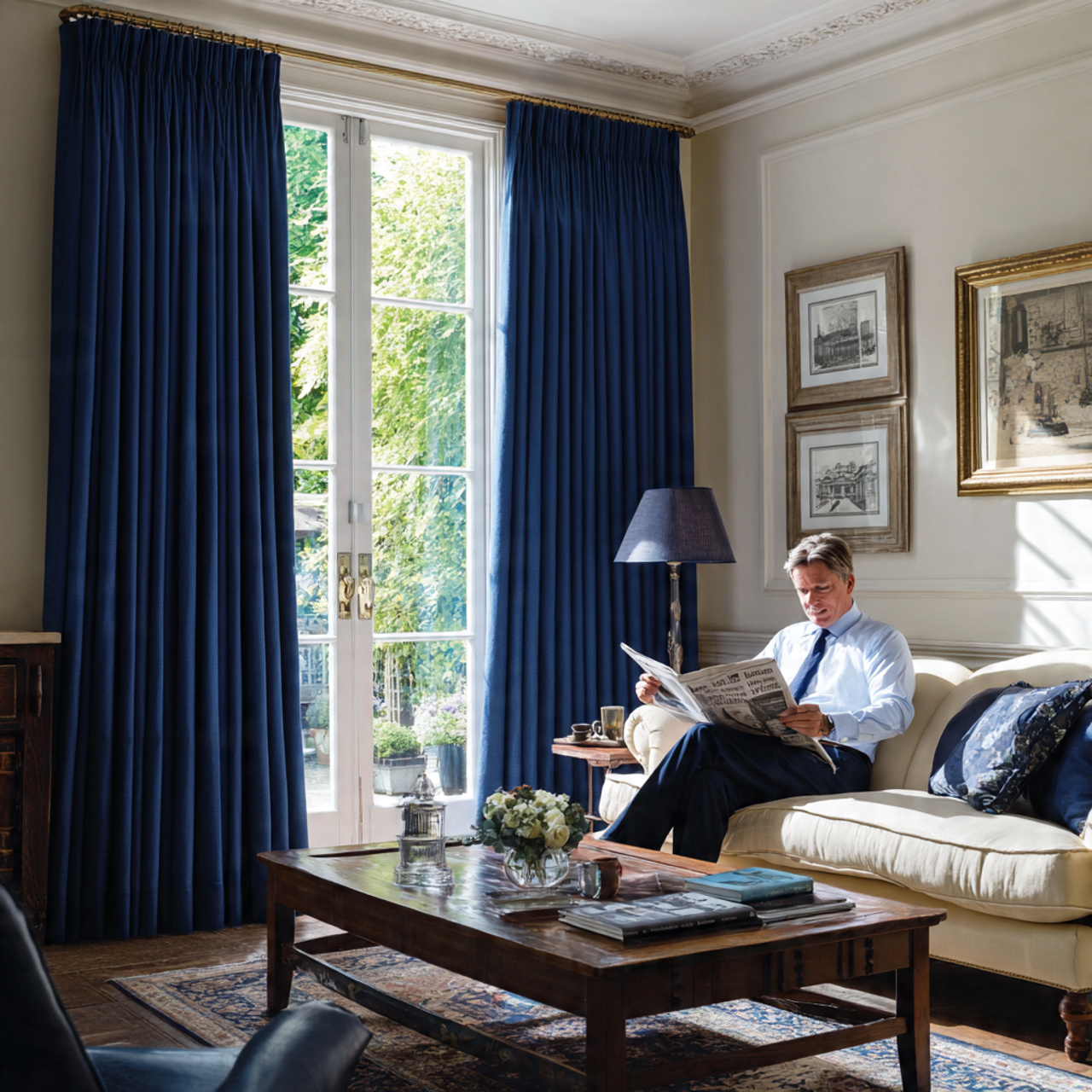 traditional living room with classic navy tailored