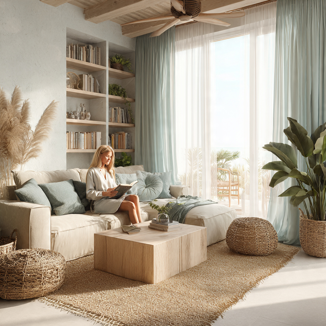 ultra realistic apartment living room with coastal